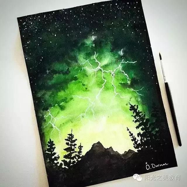 漂亮的水彩星空,冷色系的水彩星空简单