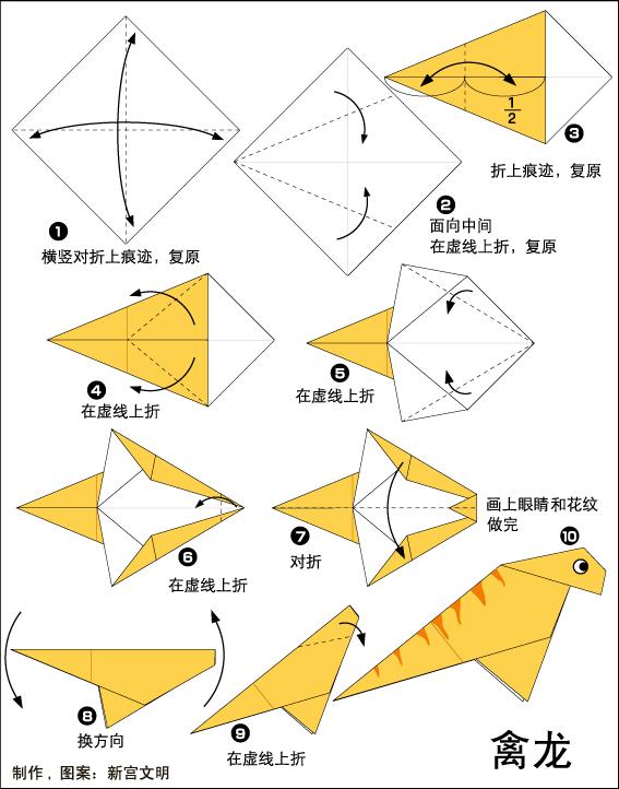 100种恐龙折纸图解带翅膀的恐龙,恐龙折纸教程小恐龙