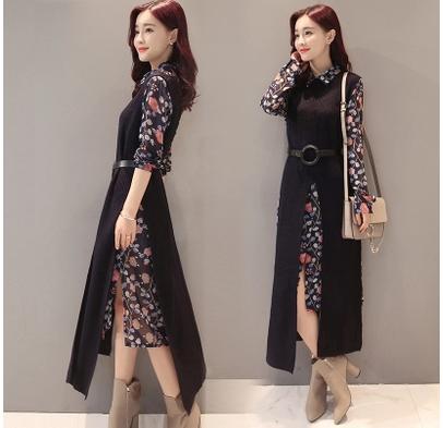 碎花裙连衣裙春秋七分袖雪纺,长袖春秋雪纺黑碎花连衣裙最新款