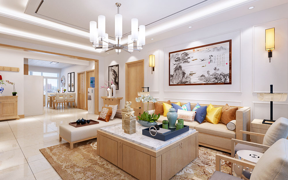 轻法式100平方小三室装修效果图,新中式风格三室一厅130平米