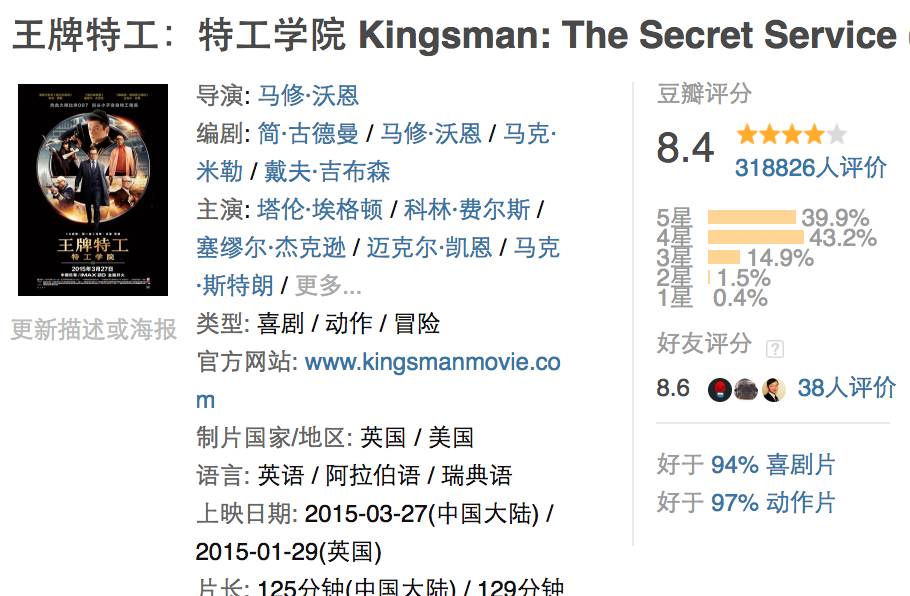 《王牌特工2》内地定档10月20日烂番茄59%预期值要降低!