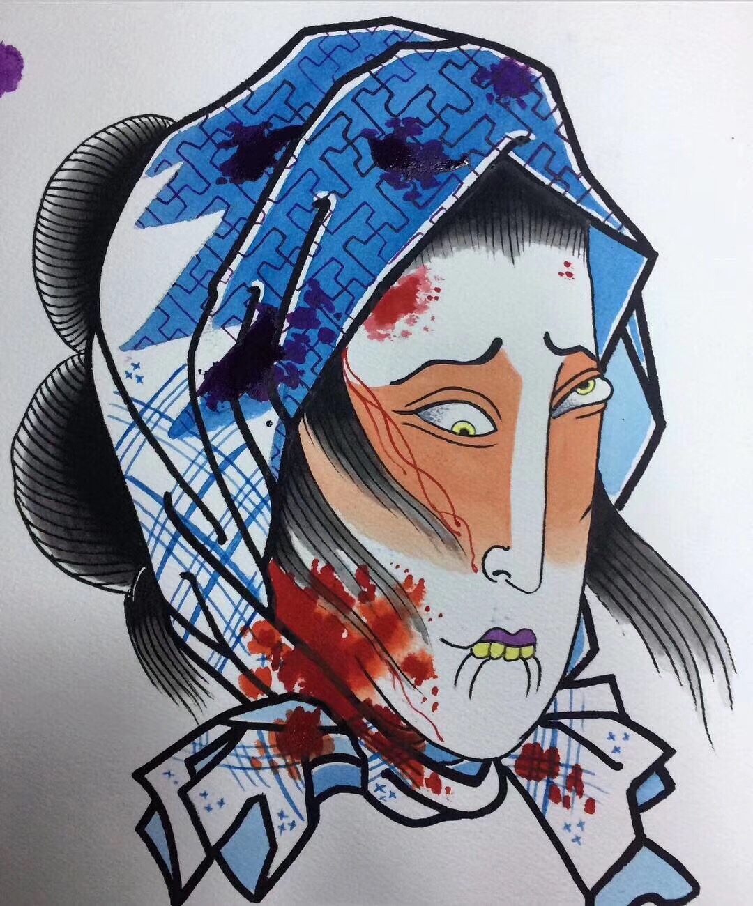 日式生首纹身图案手稿,简单的日式纹身图案