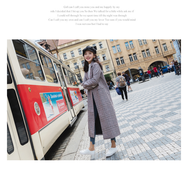 长款毛呢女外套，千鸟格加厚呢子大衣