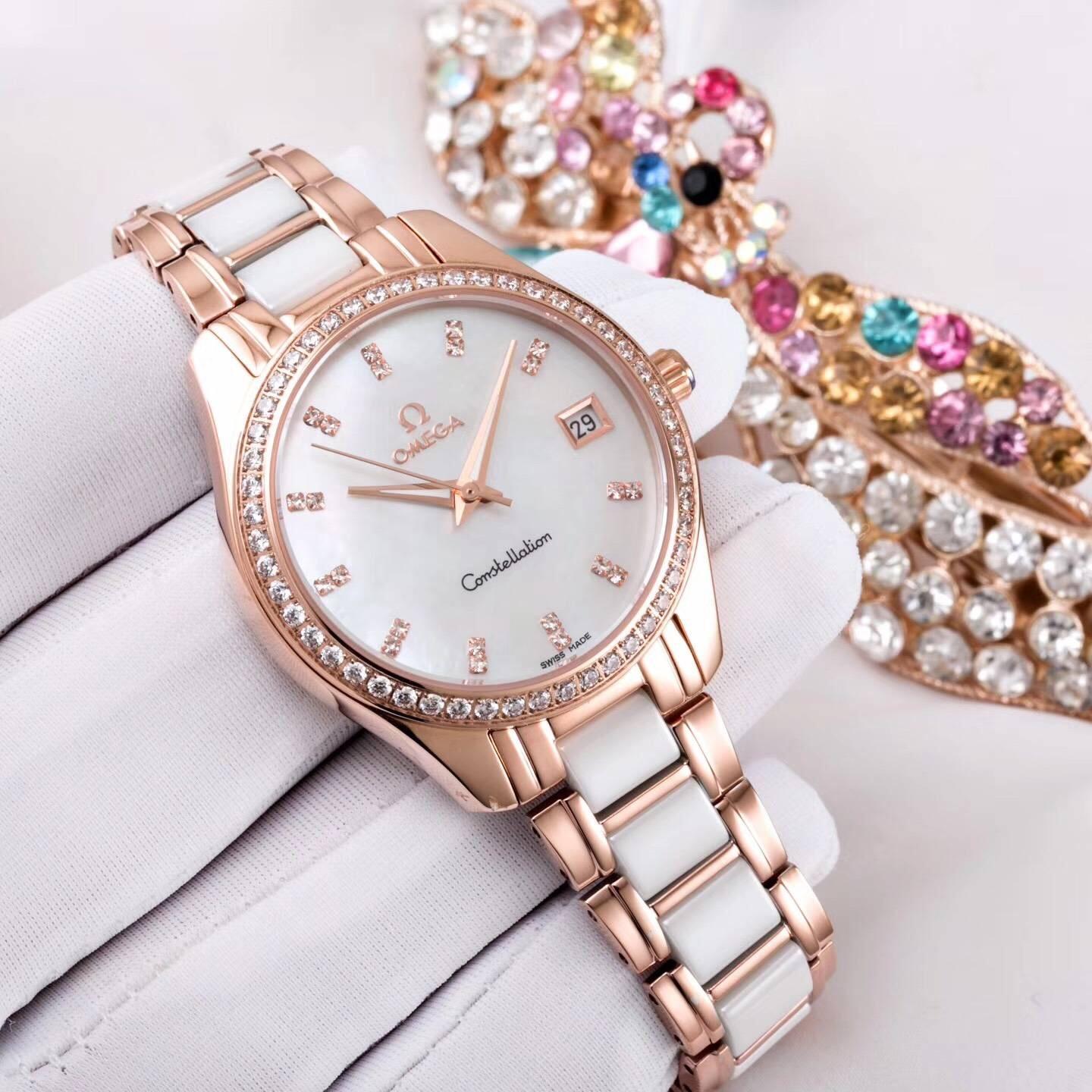 欧米茄omega星空镶钻腕表,女神专属轻奢镶钻陶瓷腕表