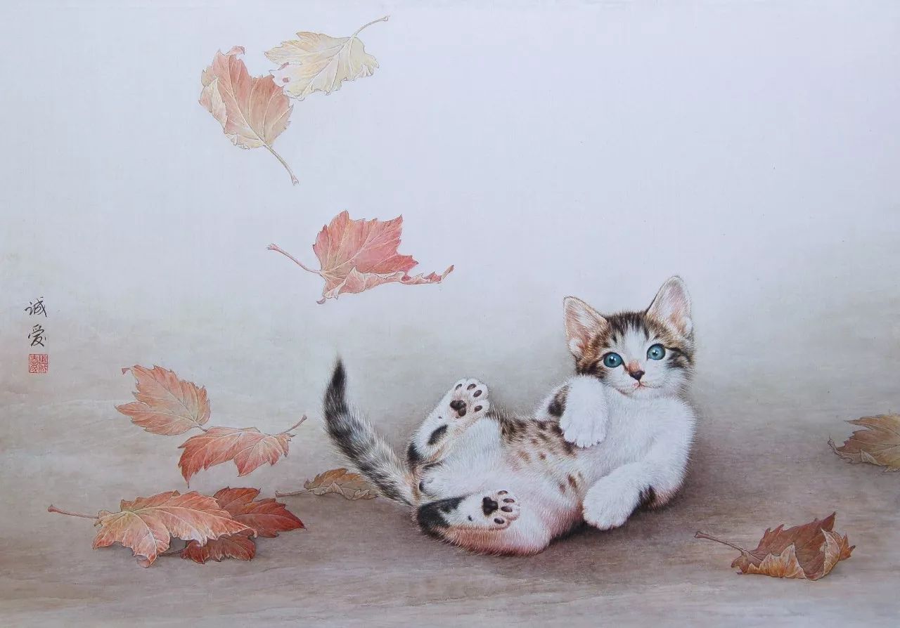 邢诚爱工笔猫扑蝶画法,邢诚爱工笔画猫白描底稿