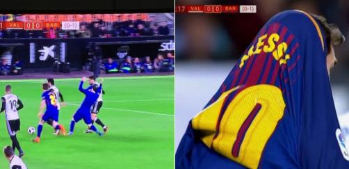 梅西遭对手凶狠脚铲脚踝出血,梅西惊险时刻