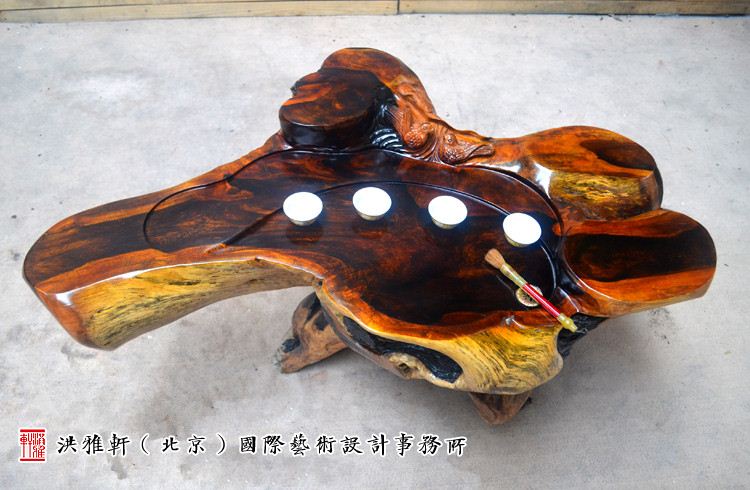 鸡翅木根雕茶台翻新完工,实木树根雕茶几