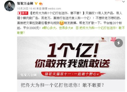 双十一和骆驼霸道总裁万金刚见一面，值1个亿？