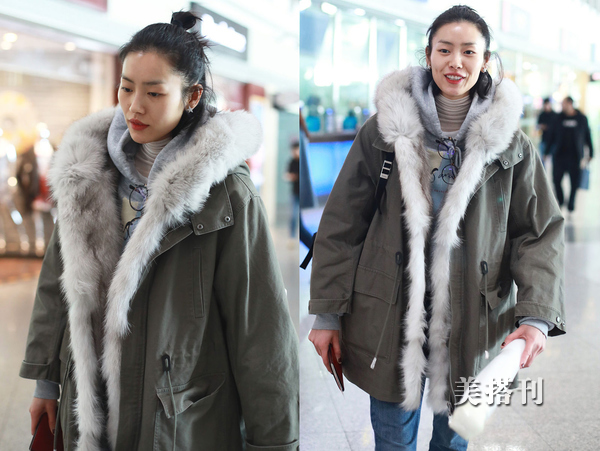 变身乖乖女！刘雯时装周归来，皮草大衣搭配牛仔裤，军工范十足