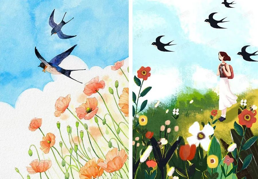 创意儿童画花丛中飞舞的蝴蝶,花丛中飞来一只燕子儿童画