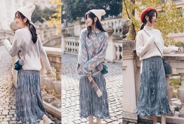 时尚圆领毛衣高腰百褶裙,可以搭百褶裙的毛衣最新款