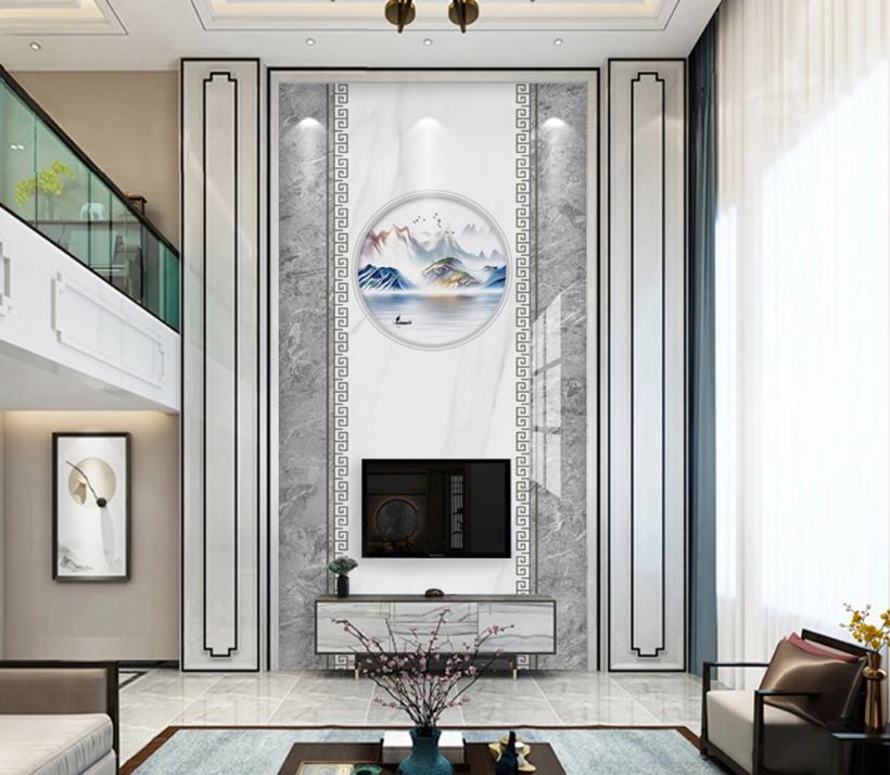 新中式石材背景墙效果图,新中式灰色瓷砖乳胶漆电视背景墙