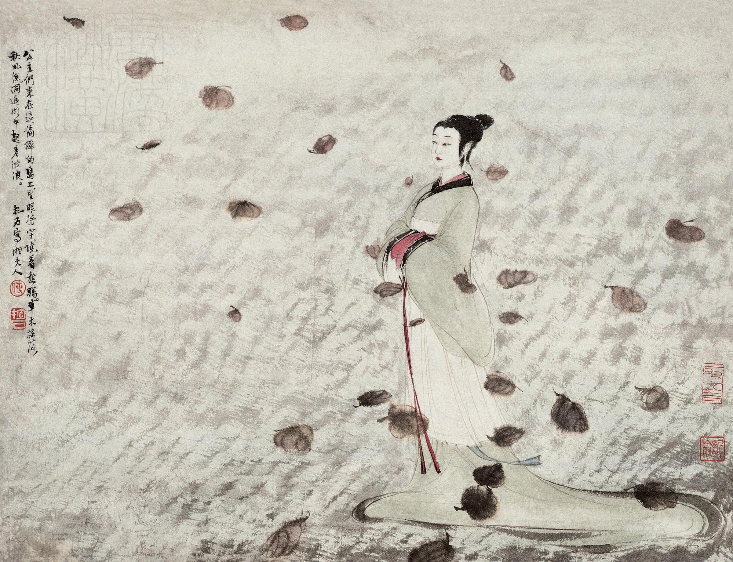 傅抱石创作国画天女散花图,傅抱石的国画作品《一望大江开》