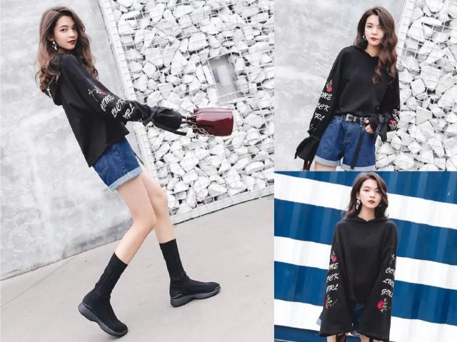 高端中长款卫衣搭配靴子,阔腿裤马丁短靴搭配宽松卫衣