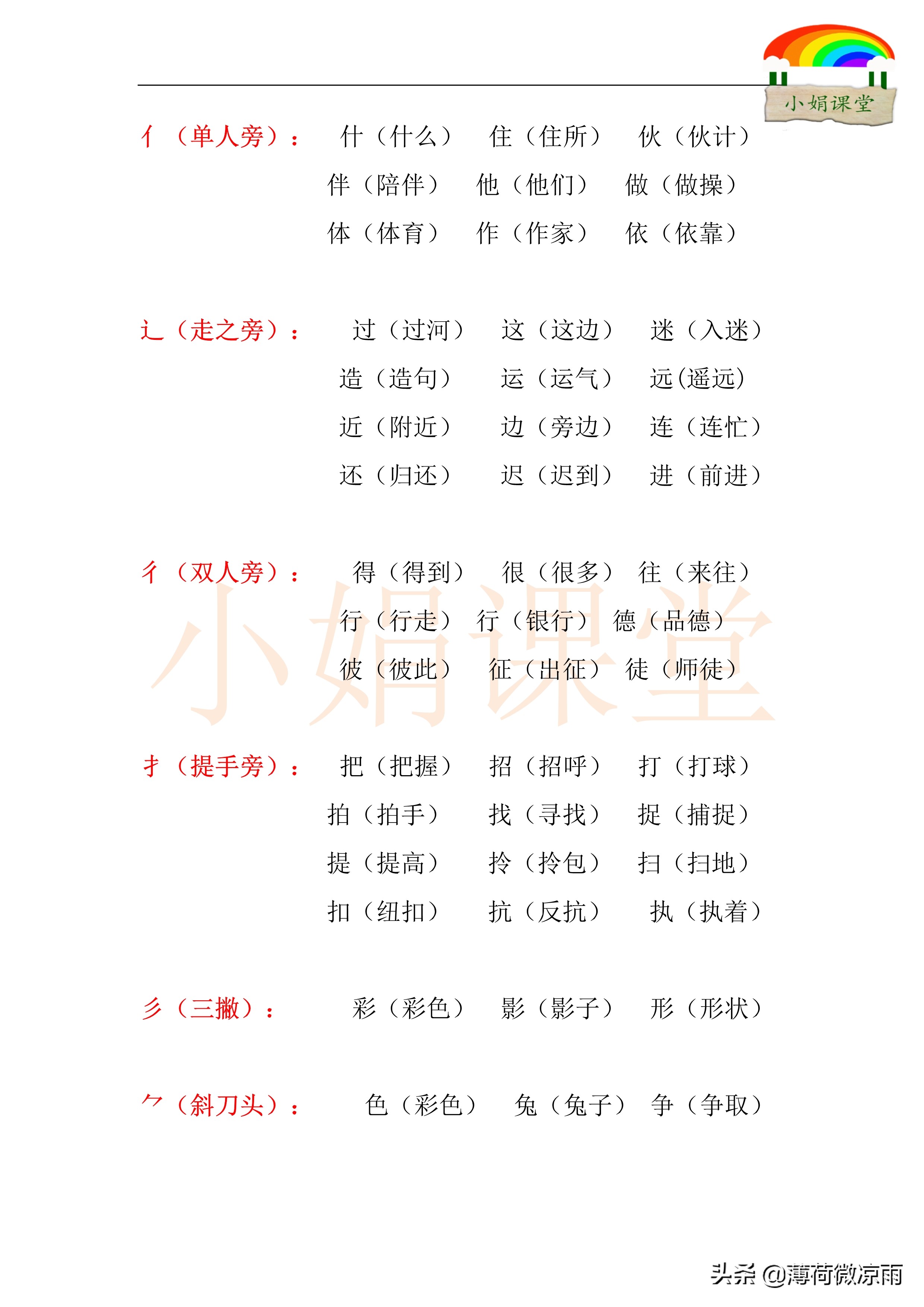 一年级同类偏旁的常见汉字,一年级语文带有偏旁的字有哪些