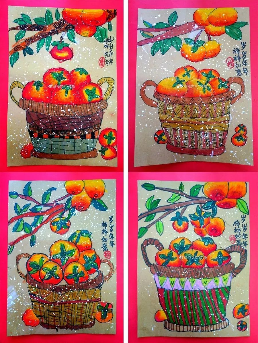 儿童水墨画篮子里的柿子,儿童绘画一篮子柿子作品