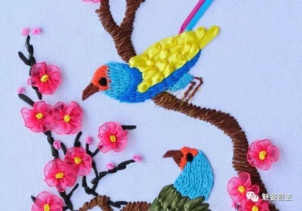 丝带绣盘结玫瑰花绣法图解,丝带绣图案教程牡丹