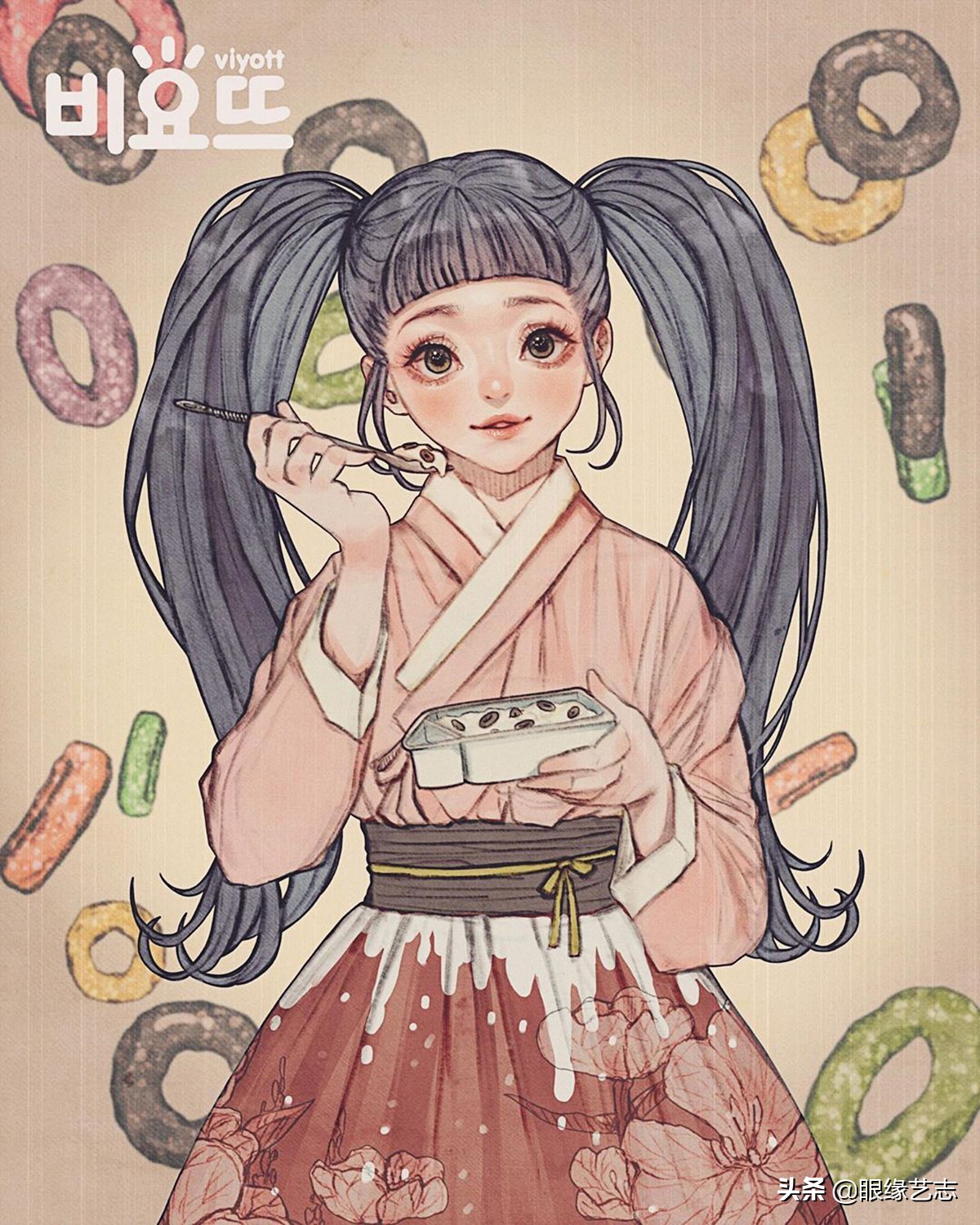 韩式穆夏风插画,韩国传统服饰插画