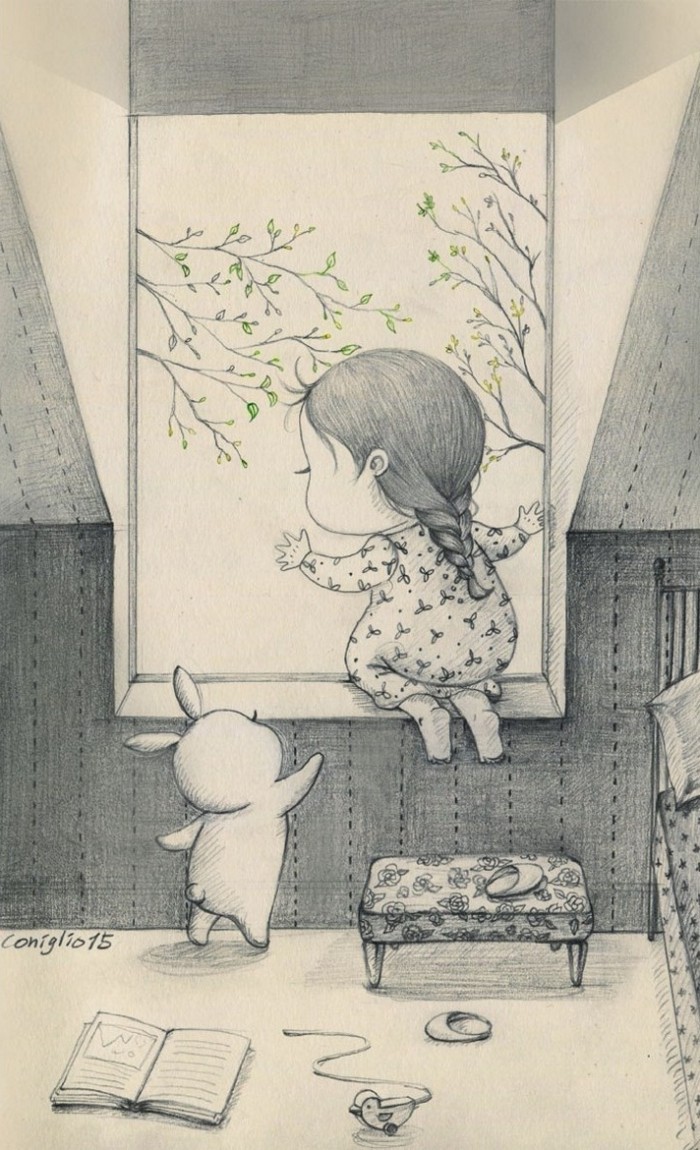 少女与兔子插画,兔子手绘创意插画