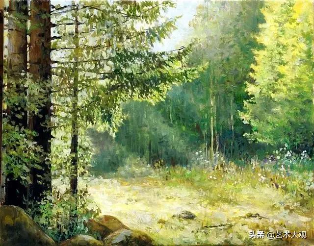 美丽又简单的远山倒影油画,风景优美的小河油画