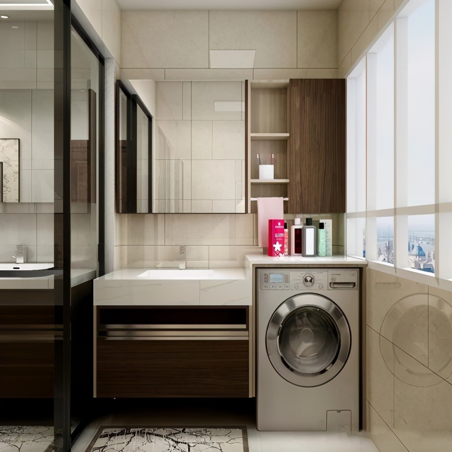 卫生间外边隔开做晾衣区,厕所连通阳台做洗衣区
