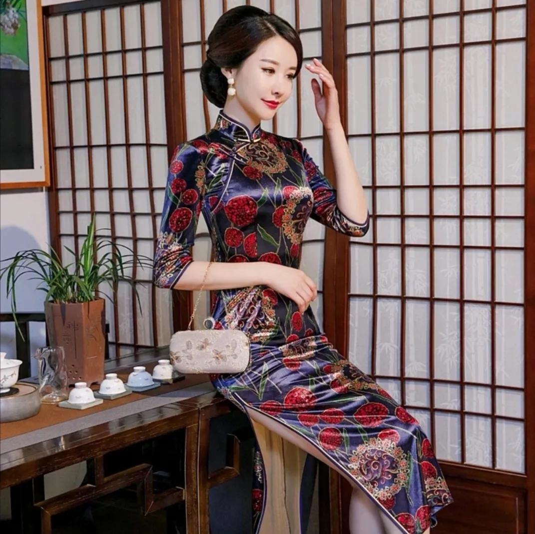 金丝绒旗袍打理,高档金丝绒旗袍长款长袖