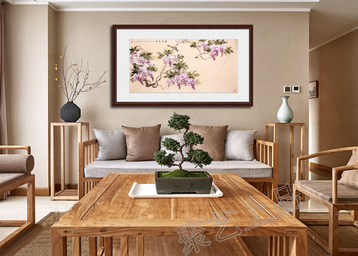 国画花开富贵寓意,紫气东来紫藤客厅挂画寓意