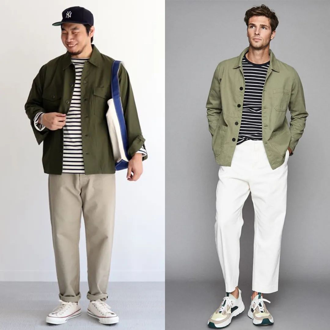 上衣宽松文艺款男装搭配,潮流竖条纹外套男装搭配