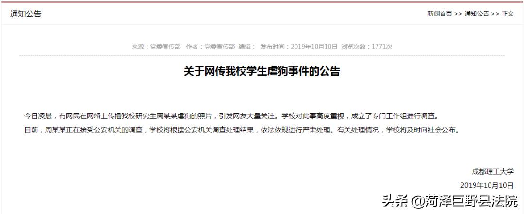 研究生杀流浪狗事件后续,研究生虐待狗事件处理结果