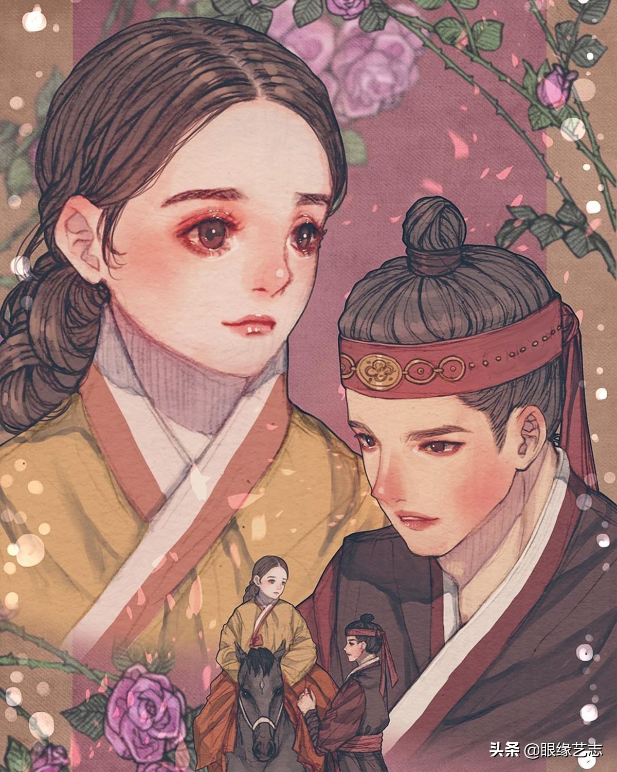 韩式穆夏风插画,韩国传统服饰插画