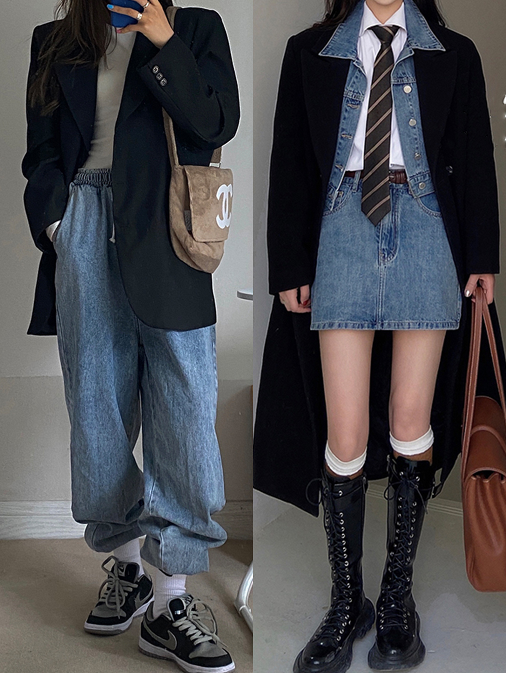 时髦又大方的韩范穿搭 (韩风穿搭格子西装配白色哈伦裤)