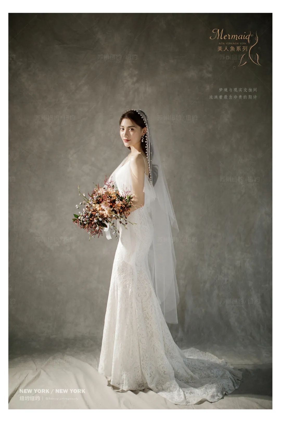 白色蝴蝶结油画婚纱照,森系油画风格婚纱照不戴帽子戴花