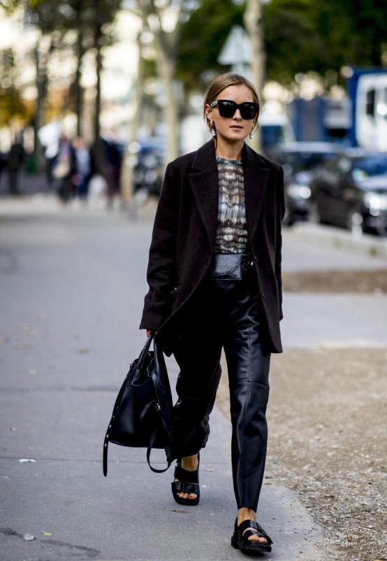 皮裤上窄下宽加长,皮裤时髦穿法