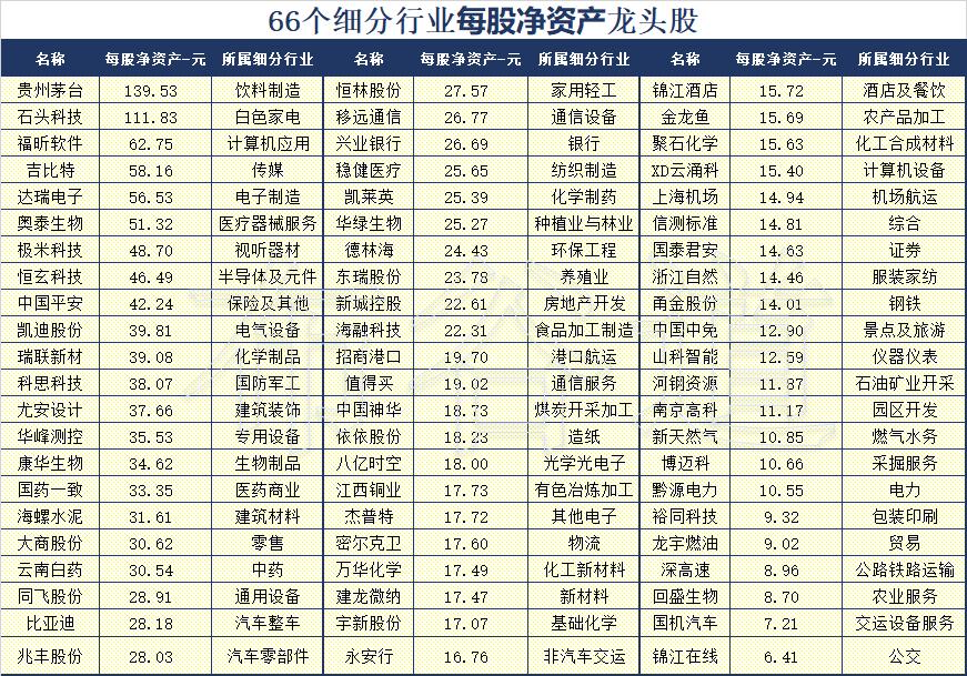 66只细分行业每股净资产最大股8成ROE高于10%，23股市盈率不足20