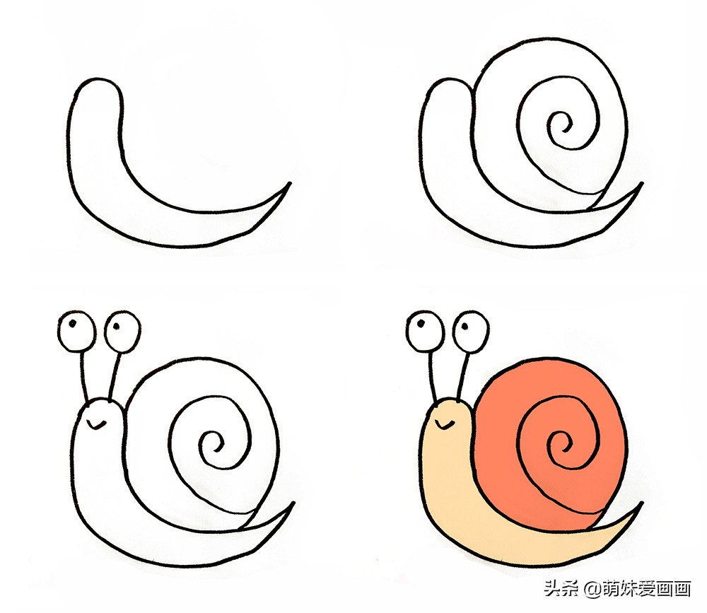 小蜗牛春夏秋冬四季创意画简笔画,蜗牛与鱼青蛙荷花创作一幅简笔画
