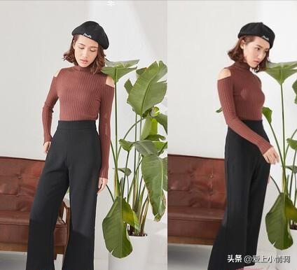 韩版露肩针织衫,洋气露肩上衣秋装条纹针织衫