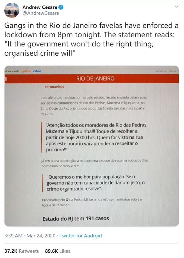 政府抗疫不力,巴西黑帮封城获赞?醒醒,真实黑帮可没这么正能量