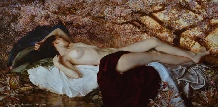 俄罗斯艺术家AydemirSaidov的人体绘画,花间的美丽少女