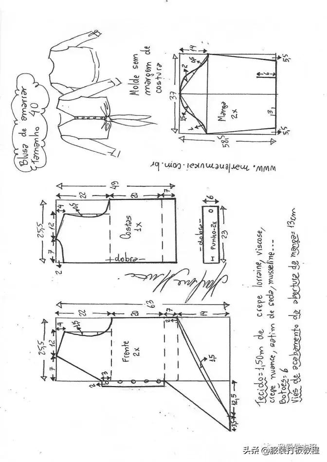 衬衣裁剪制图教程,绑带上衣裁剪纸样