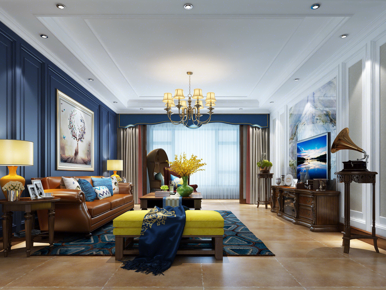 美式风格电视背景墙5.3米效果,美式风格电视背景墙设计