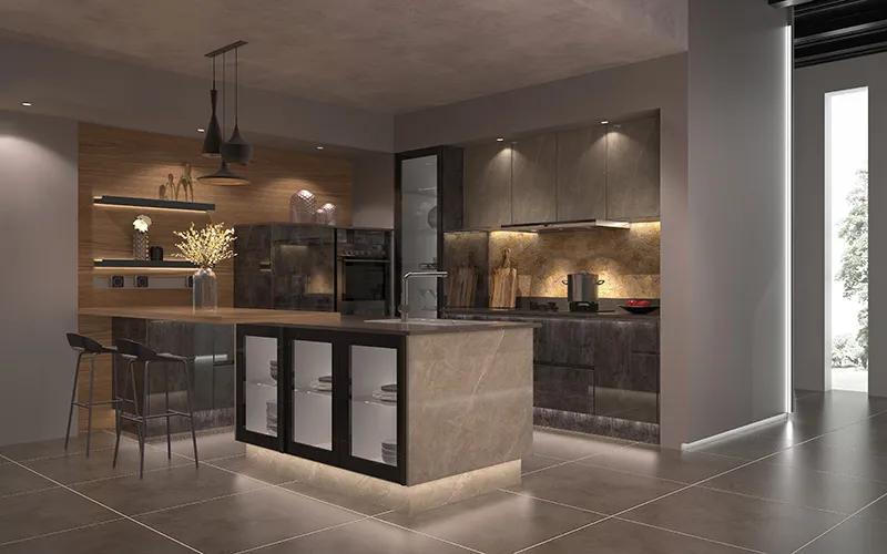 厨房设计吧台最新款,厨房直角吧台和推拉门一体效果图