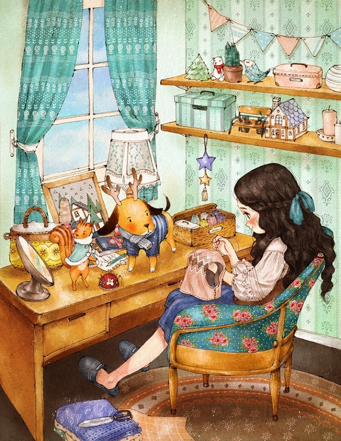 韩国插画师森林女孩日记图文,水彩插画森林女孩日记