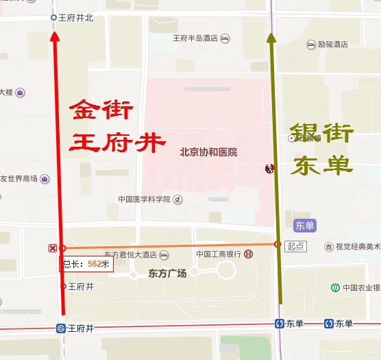 北京市中心著名的商业街：金街是王府井大街，银街是东单大街