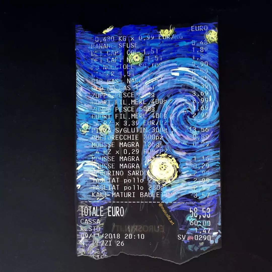 画纸用光了？多去几趟超市就有了。他把购物小票秒变成世界名画