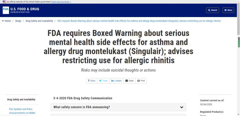 孟鲁司特钠黑框警告,孟鲁司特钠被美国警告