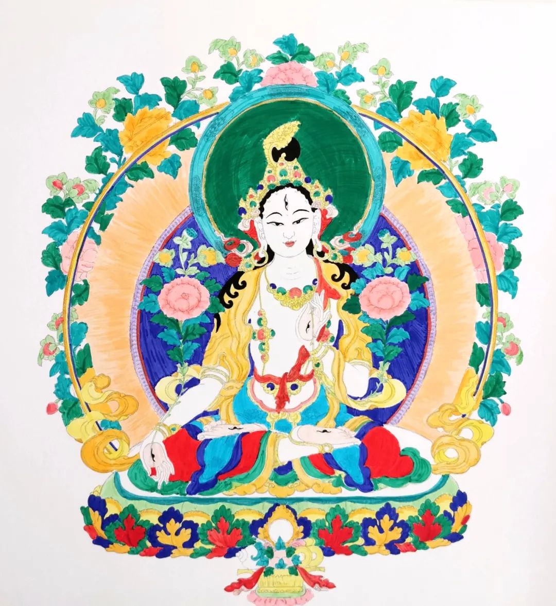 黑金白度母手绘唐卡,手绘白度母唐卡