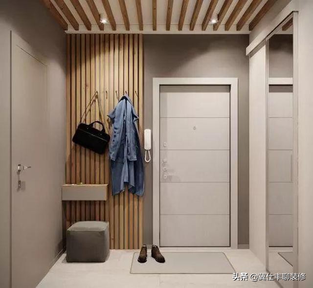 玄关用格栅和木饰面搭配效果图,木格栅玄关用什么点缀