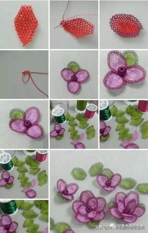 只是用针穿上了线不断绕圈打结,做出来的仿真花竟然比钩的还好看