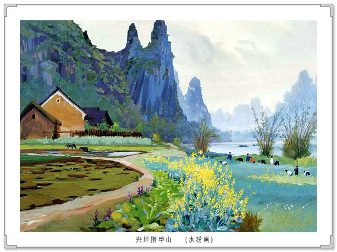 文化高级感十足的青绿山水画,古典山水写实油画作品