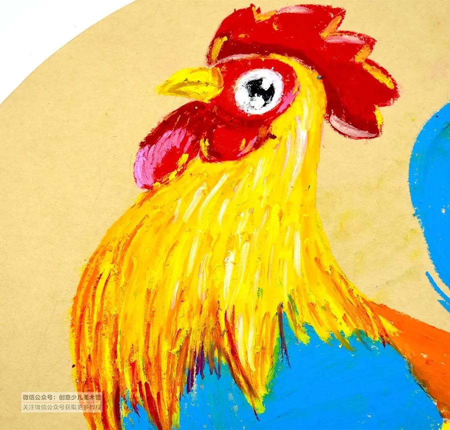 儿童画教程|油画棒技法练习《穿花衣服的大公鸡》